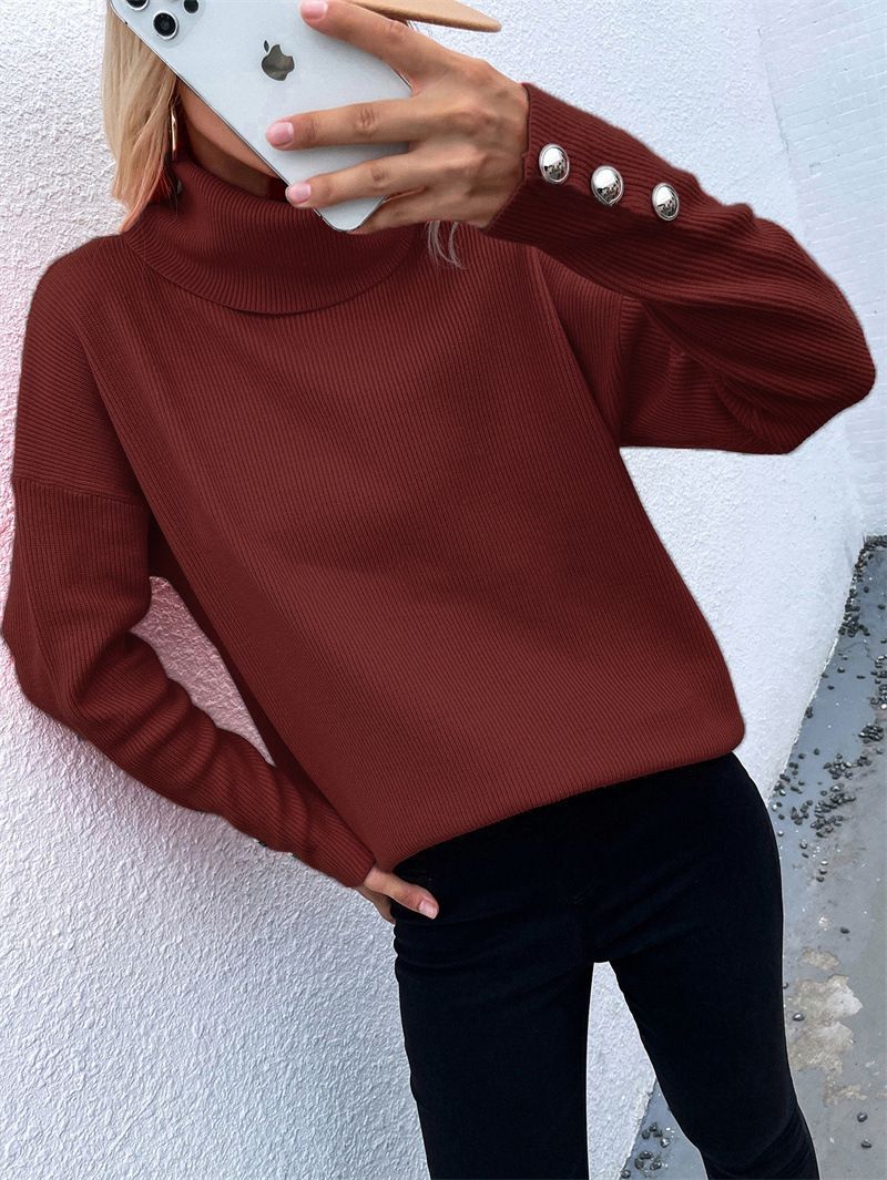 Women's Oversized High Neck Knit Sweater With Striped Sleeves & Button Detail - Soft Casual Pullover For Autumn Winter_ecoleips.com