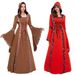 Voya Foreign Trade European American Medieval Retro Hooded Dress With Square Collar, Tie, Bell Sleeves, And Large Hem Skirt_ecoleips.com