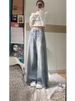 Petite Women's American Retro Tassel Frayed High-Waisted Jeans 2024 New Loose Wide-Leg Straight Flared Pants_ecoleips.com