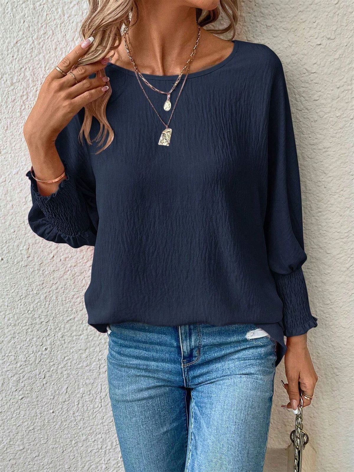 Elegant Ruffle Sleeve Everyday Tee - Crinkle Texture Round Neck Blouse For Women Comfortable Round Neck & Relaxed Fit_ecoleips.com