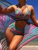 Three Piece Swimsuit Set High Waist Cross Strap Bikini Print Sheer Cap Sexy Vacation Style Polyester Swimwear For Women_ecoleips.com