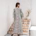 Muslim Women's Robe Printed Hot Bead V Neck Turn Up Sleeve Dress_ecoleips.com