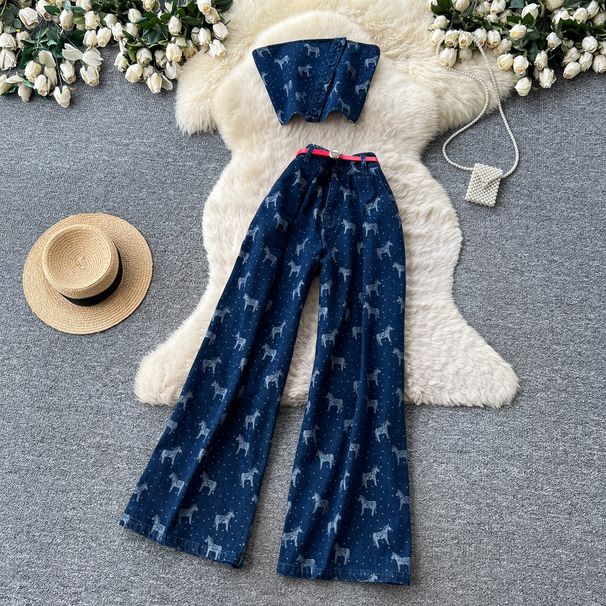 Women's American Retro Slim Fit Denim Two Piece Set Strapless Top High Waisted Flared Pants Slimming Design_ecoleips.com