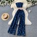 Women's American Retro Slim Fit Denim Two Piece Set Strapless Top High Waisted Flared Pants Slimming Design_ecoleips.com