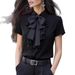 Women's Solid Color Lace-Up Bow Ruffle Short Sleeve Shirt Regular Fit Elegant Fashion Blouse for Spring/Summer_ecoleips.com