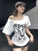 White 100% Cotton Y2k Vintage Oversize Off Shoulder Short Sleeve T Shirt With Print Women Casual Summer Top Butterfly Tees_ecoleips.com