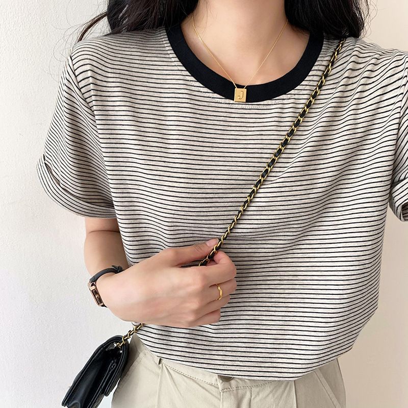 Striped Women's Summer Loose Korean Version Of Short Sleeve Color Matching Half Sleeve Women's T-Shirt Jacket Wholesale_ecoleips.com