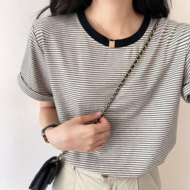 Striped Women's Summer Loose Korean Version Of Short Sleeve Color Matching Half Sleeve Women's T-Shirt Jacket Wholesale_ecoleips.com