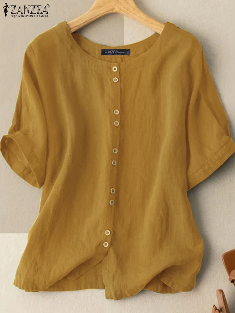 ZANZEA Summer Casual Loose Tunic Tops Women Vintage OL Shirt O Neck Short Sleeve Blouse Solid Cotton Blusas Buttons Down Chemise_ecoleips.com