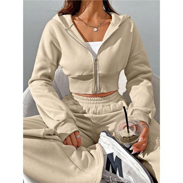 Women's Autumn/Winter Two-Piece Set Zipper Cardigan Hooded Sweatshirt & Wide Leg Pants European American Style Casual Comfortable_ecoleips.com
