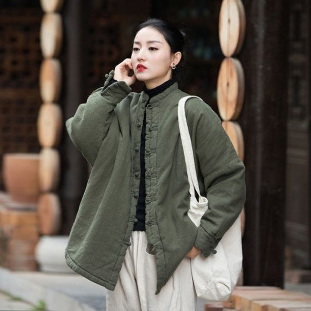 girl Quilted Thickened Jacket For Women, Ramie New Chinese National Cotton Coat, Mid-Length Zen Style Warm Outerwear_ecoleips.com