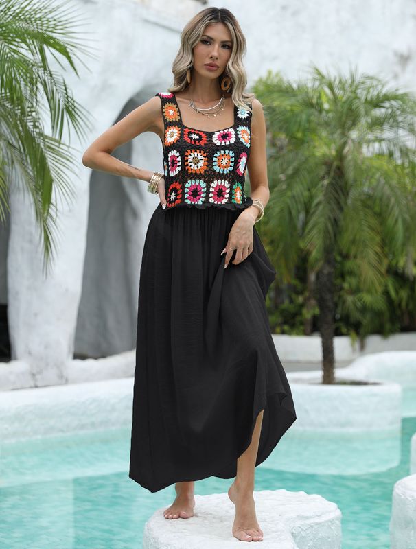 Blouse Women's Clothing Random Colors Hand Crocheted Flower Splicing Bamboo Cloth Wood Ear Edge Long Skirt Beach Dress_ecoleips.com