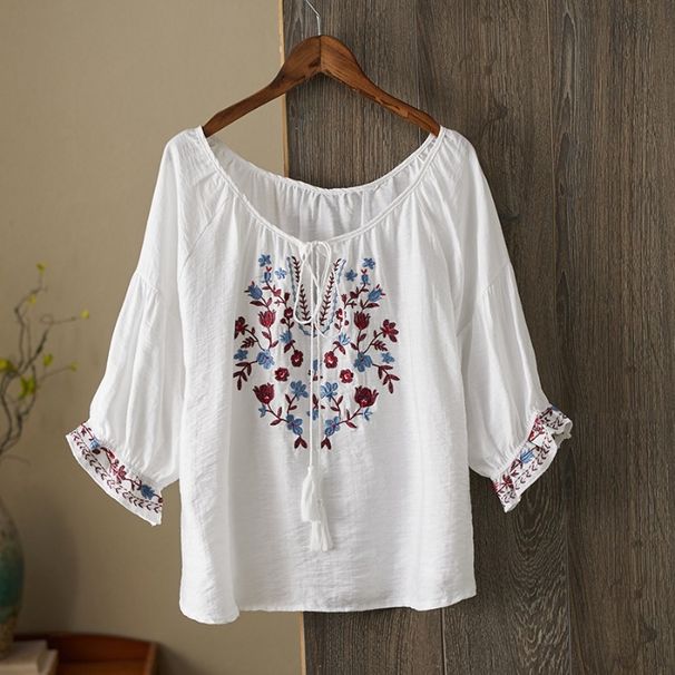 Women's Shirt With Doll Sleeves, Fresh Embroidery Details, Lace Trim, Artistic Lantern-Shaped Sleeves, Made Of Cotton-Li_ecoleips.com