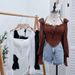 Women's Clothing Hot Girl Off-shoulder Halter Lace-up Long Sleeve Strap Chiffon Shirt Wooden Ear Backless Shirt Short Top With Chest Pad_ecoleips.com