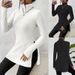 Wholesale Large-Size Women's High-Necked Cardigans With Slit, Fitted Base Layer, Striped Medium-Length Tops_ecoleips.com