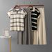 Women's Summer Color-Block Striped Polo Collar Top And Wide Leg Pants Two-Piece Set Casual Fashion Knitwear Short-Sleeved Loose Fit_ecoleips.com