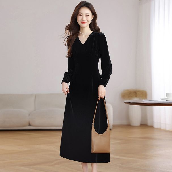 High-End Velvet Dress, Women's French Temperament, V-Neck, Waist Slimming, Slimming Mid-Length Skirt_ecoleips.com