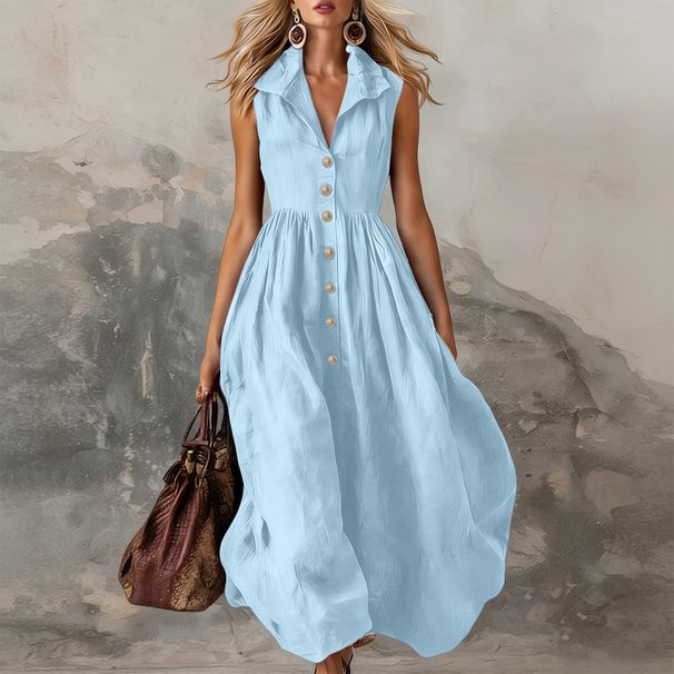 Women's A-Line Long Dress Lapel Collar Elegant Office Wear Versatile Chic_ecoleips.com