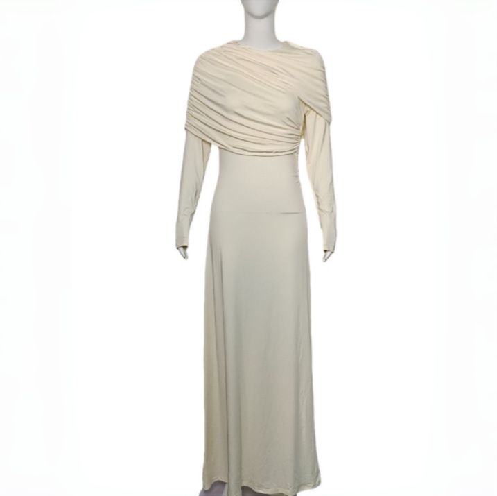 Women's Elegant Ruched Asymmetrical Long Sleeve Solid Color Bodycon Midi Dress – Fall Winter Party Gown 2026_ecoleips.com
