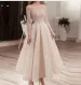 Beige Midi Evening Dress For Women Party Long Sleeve Illusion Neck Ankle Length Arabic Bridal Formal Gowns_ecoleips.com