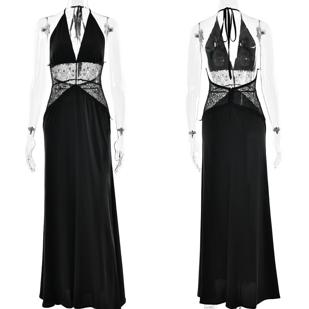 Absobe Women Polka Dot Lace Halter Neck Low V Backless Long Dress Elegant Sexy Slim Party Evening Gown Wedding Bridesmaid Outfit_ecoleips.com