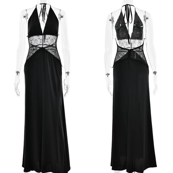 Absobe Women Polka Dot Lace Halter Neck Low V Backless Long Dress Elegant Sexy Slim Party Evening Gown Wedding Bridesmaid Outfit_ecoleips.com