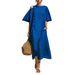 Women's Clothing Solid Color Linen Round Neck Short Sleeved Slimming Retro Casual Midi Dress For Women Plus Size_ecoleips.com