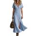 Spring/Summer Long Dress Casual Cotton Linen Fashionable Button Detail Short Sleeve American Style Wholesale_ecoleips.com