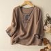 Cotton And Linen Three-Quarter Sleeve Embroidered Top For Women, Summer Artistic And Classical Pullover, Loose And Slimm_ecoleips.com