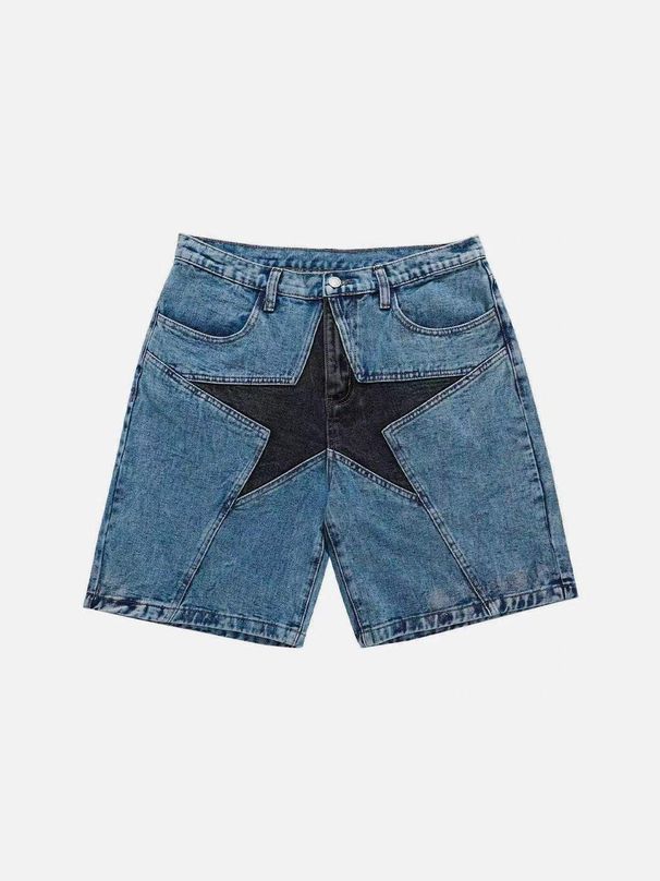 Women's Clothing Street Fashion Loose And Contrasting Five Pointed Star Patch Denim Pants_ecoleips.com