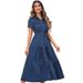 Women's Denim Collared Cardigan Slim Waist Long Dress Short Sleeved_ecoleips.com