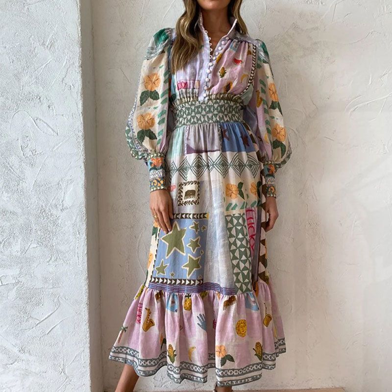 Women's Vintage Lantern-Sleeved, Printed Long-Sleeved Pleated Dress_ecoleips.com