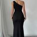 Women's Clothing Solid Color Asymmetric Neckline Sleeveless Dress With Decorative Flowers Elegant Dress Long_ecoleips.com