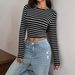 Women's Slim Fit Cropped T-Shirt Round Neck Long Sleeve Striped Print Comfortable Versatile European American Style Top For Summer_ecoleips.com