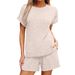 Women's Casual Ribbed Knit Shorts Set Breathable Loungewear Co-Ord Two-Piece Outfit Comfortable Summer T-Shirt And Shorts_ecoleips.com