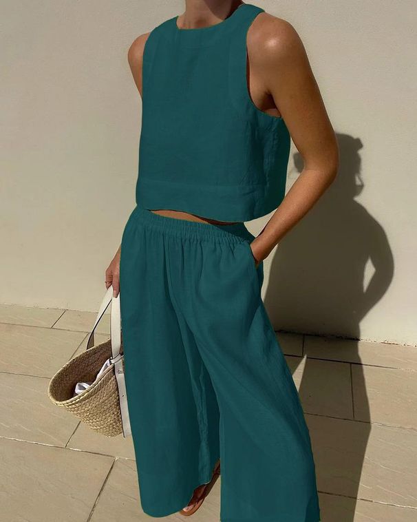 Women's Clothing New Casual Large Size Suit Loose Solid Color Sleeveless Shirt Trousers Two Piece Suit_ecoleips.com