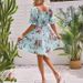 2026 European And American Floral Print Square-neck Ruched Short-sleeve Dress In Stock_ecoleips.com