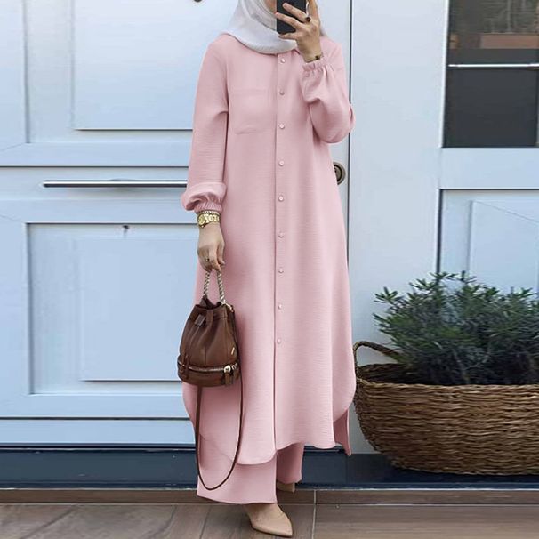 Fashionable Muslim Women's Floral Print Two-Piece Set Long Shirt Wide Leg Pants Spring Autumn Vintage Clothing Ensemble_ecoleips.com