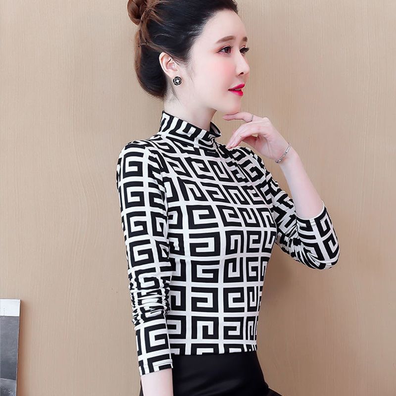 Women’s Fleece-Lined Semi-Turtleneck Top – Long Sleeve Black & White Checkered Shirt For Winter (Flannel & Warmth)_ecoleips.com