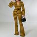 C8559 Cross-Border Women's Clothing 2023 Autumn/Winter New V-Neck Puff Sleeve Waist-Cinching Printed Wide-Leg Plus Size_ecoleips.com