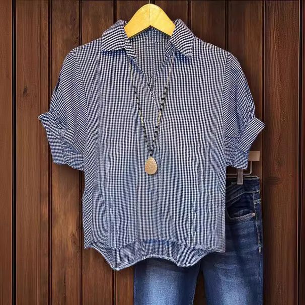 Women's Clothing Plaid Open Tube Short Sleeved Shirt_ecoleips.com