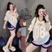Women's Loose Fitting V Neck Short Sleeved Color Block Casual Running Two Piece Set Fashionable Ins Inspired Clothing_ecoleips.com