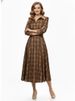 Freeacy Women's Brown Plaid Turn-Down Collar High Waist Long Sleeve Flared Midi Dress 2026 Spring Fashion Retro Party Dresses_ecoleips.com