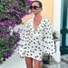 Elegant Deep V-Neck Flared Sleeve Bodycon Dress With Polka Dot Print For Women, Stretchy Polyester Spandex Fabric, Comfortable And Sexy Fit For Party_ecoleips.com