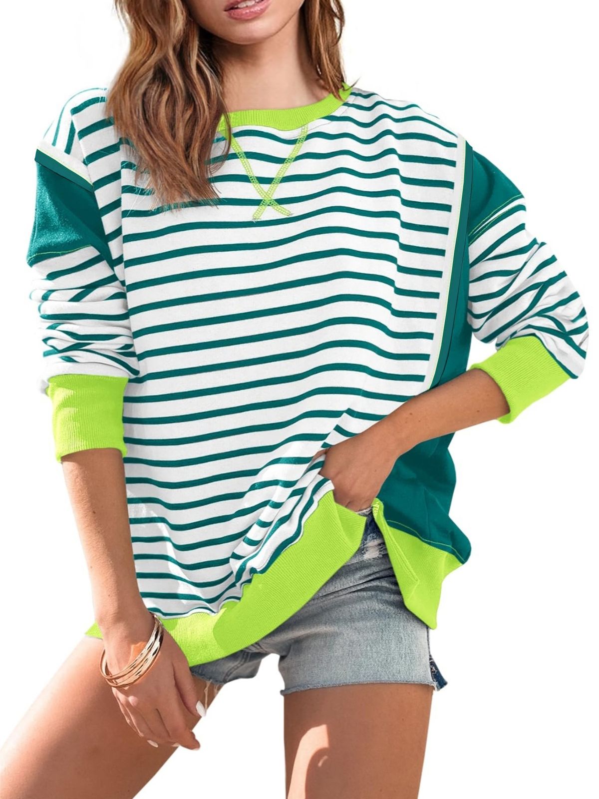 Women's Color Matching round Neck Sweatshirt Striped Contrast Long Sleeve T-Shirt European American Style Printed Top_ecoleips.com