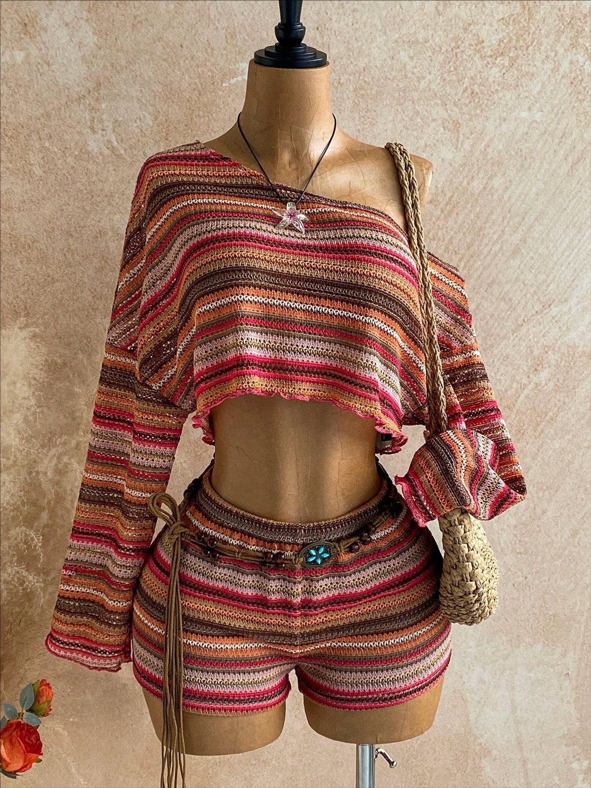 Women's American Style Summer Two Piece Set Asymmetrical Turtleneck Top With Shorts Spring/Autumn Suit_ecoleips.com