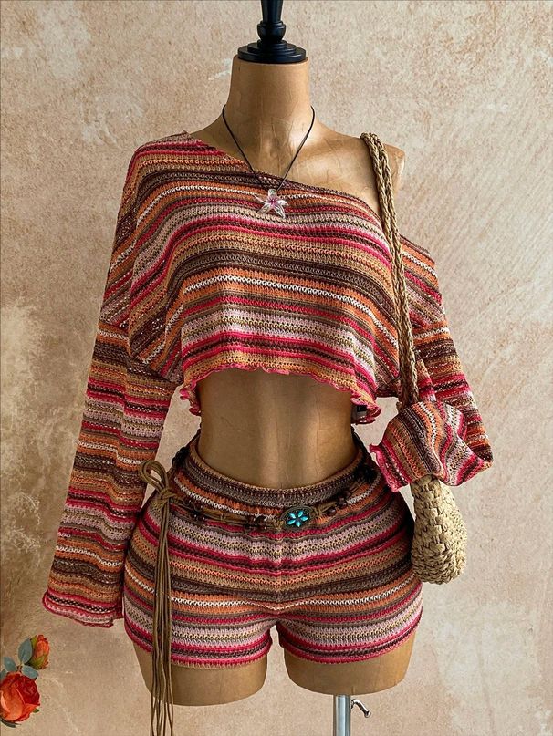 Women's American Style Summer Two Piece Set Asymmetrical Turtleneck Top With Shorts Spring/Autumn Suit_ecoleips.com