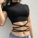 Solid Color Cut Exposed Navel Cross Tie Short Sleeved T-shirt Women, Versatile For Summer, Slim Fit, High Waist, Careful_ecoleips.com
