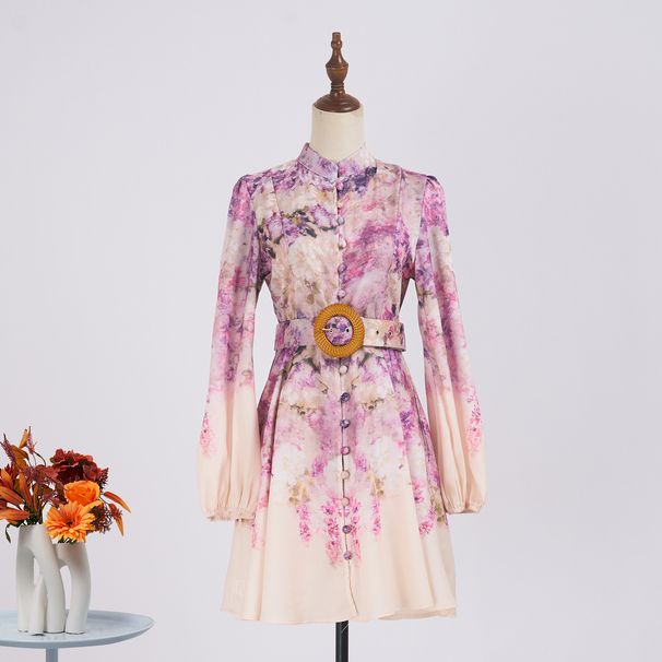 Women's Clothing Single Breasted Long Sleeved Spring And Autumn Positioning Print Dress Short Skirt With Belt_ecoleips.com
