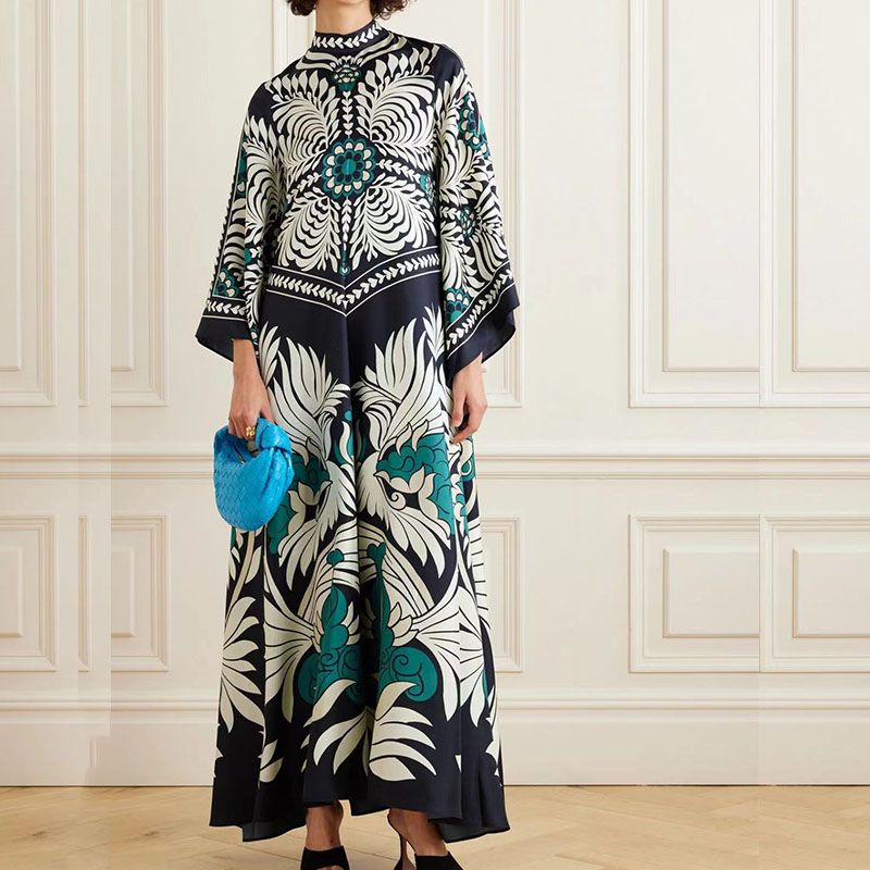 Elegant Long Sleeve Loose Party Dresses Spring Vintage Pattern Printed Robe Dress Women's Stand Neck High Waist Bohemian Dress_ecoleips.com